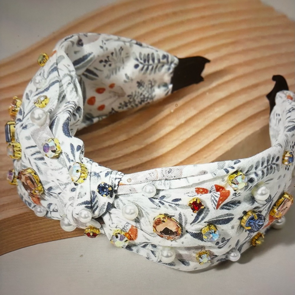Stone Cluster Pearl Embellished Floral Printed Knot Headband